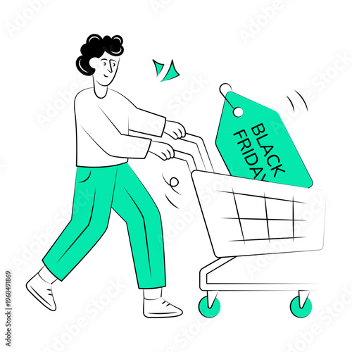 Hand drawn style illustration showing a person doing shopping on black friday

