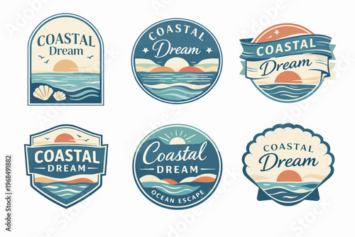 Coastal dream logo collection featuring beach, ocean and sunset scenery, vintage emblem design inspiration