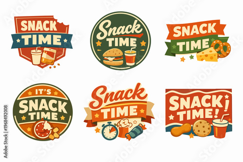 Snack time vintage badges and logos set with food and drink illustrations, retro style collection for cafes