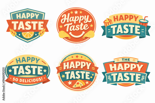 Happy taste food labels set representing delicious natural snacks and fast food items for brand identity
