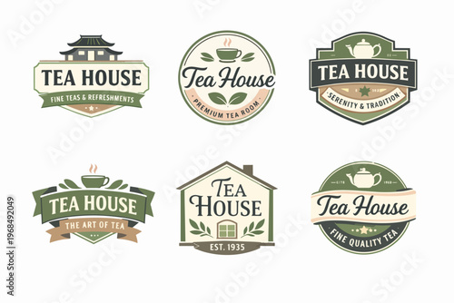Tea house logos collection, vintage style badges and emblems for cafes, tea shops, and beverage branding