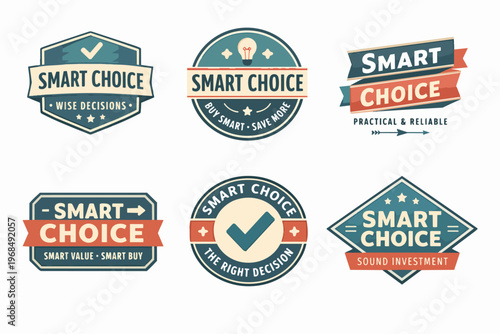 Smart choice labels collection with quality badges, best buy stickers, premium banners, and wise decision emblems