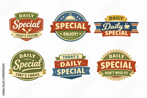 Daily special food badges set with vintage style designs, offering restaurant promotions and chef's choice menu labels