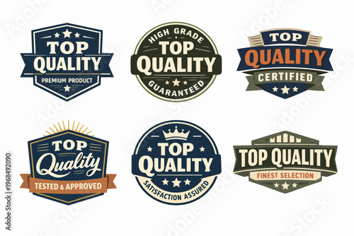 Top quality badge collection providing product certification, premium assurance, and satisfaction guarantee to customers