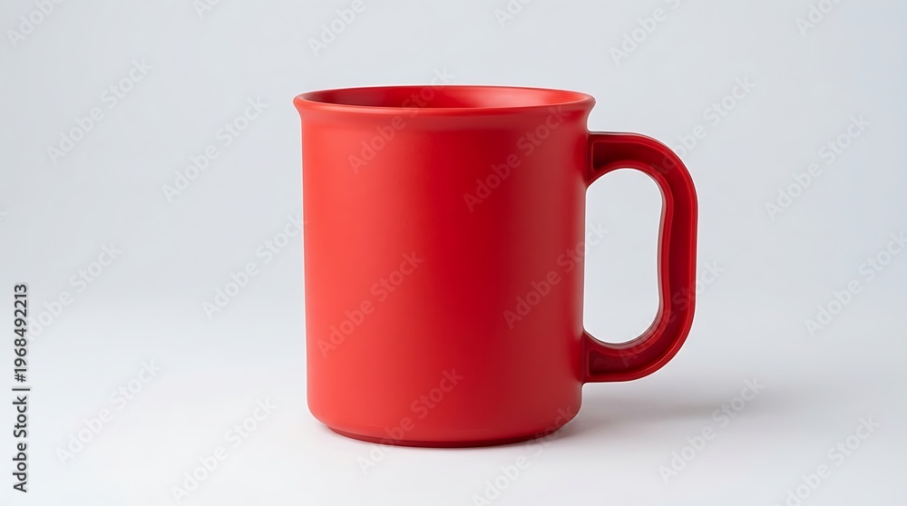 Fototapeta premium Red plastic mug with handle on white background