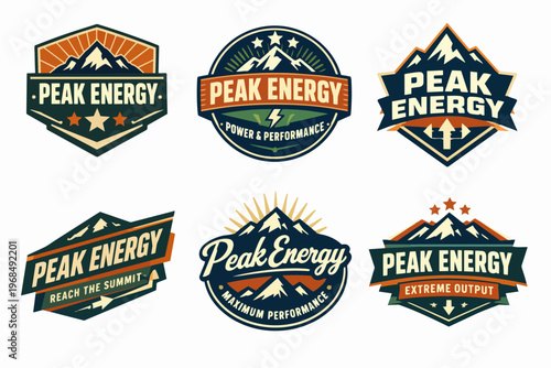 Peak energy vintage badges set for performance, outdoor adventures, and maximum output branding concepts