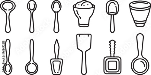 Collection of black and white line drawings of various chairs and tables Vector