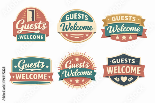 Guests welcome retro labels set depicting hospitality and greeting messages for hotel, restaurant, and event signage