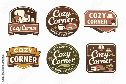 Cozy corner emblems and badges collection representing comfort, relaxation, hygge, and a snug reading retreat