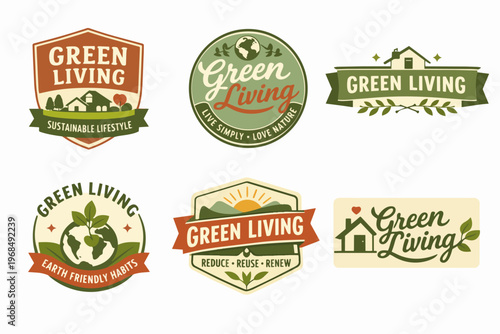 Collection of conceptual badges and emblems promoting green living, sustainability, and eco-friendly practices