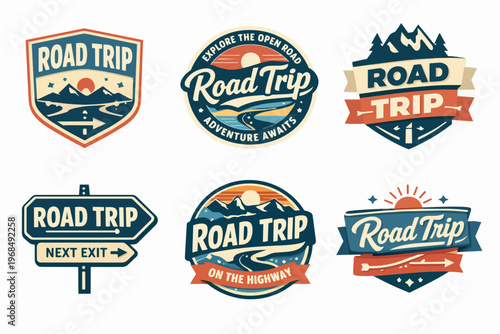 Collection of retro road trip emblems, labels, and logos featuring mountains, roads, and sun for journey concepts