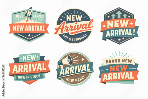 New arrival banners announcing fresh products, advertising promotions and discount offers, available now