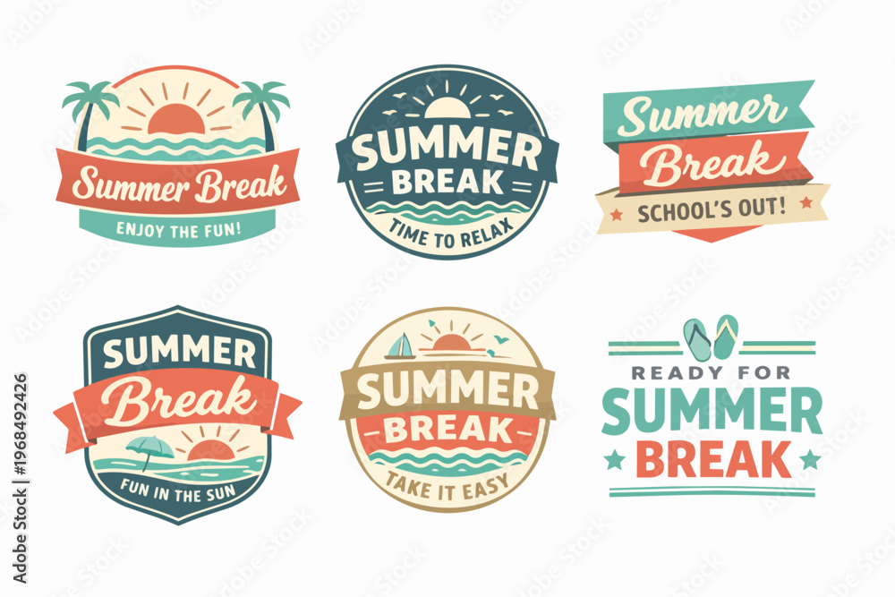 Obraz premium Summer break vacation logos and badges collection offering beach, sun and tropical concepts for seasonal travel and relaxation