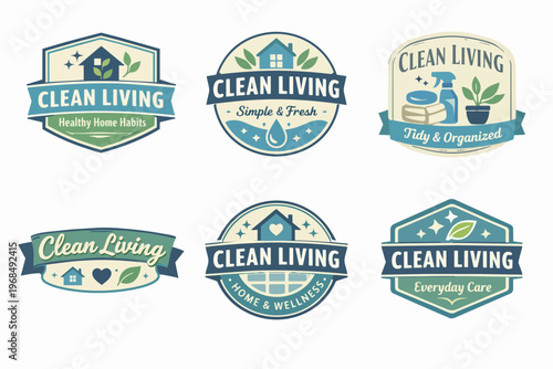 Clean living badges and labels set, designing concepts for healthy home habits, wellness, and tidy organization