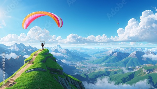 Person Paragliding Over Scenic Mountain Landscape with Clouds