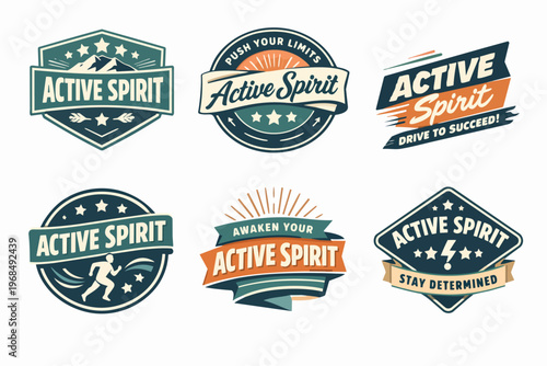 Active spirit vintage emblem collection. Promoting motivation, health, and determination through sport and adventure badges