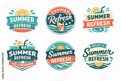 Collection of summer refresh beverage labels and badges promoting cool invigorating drinks with citrus, sun, and wave elements