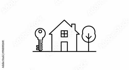 Simple line art of a key, house, and tree against white