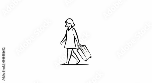 Simple line drawing of a person walking with a wheeled suitcase