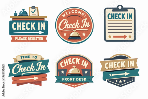 Check in badges and labels featuring welcome messages, reception bells, forms, and arrows, ideal for travel and hospitality