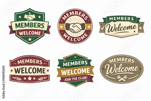 Vintage members welcome badges collection with handshake, shield, and ribbon designs, inviting new club members