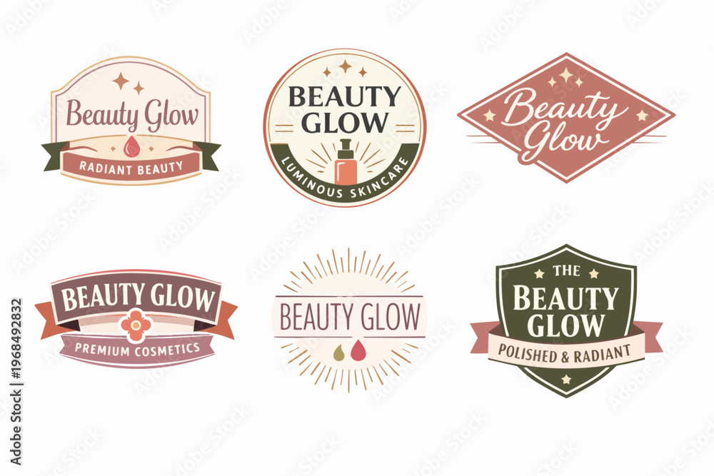 Obraz premium Collection of beauty glow brand logo designs featuring ribbons, stars, and droplet icons for cosmetic and skincare packaging
