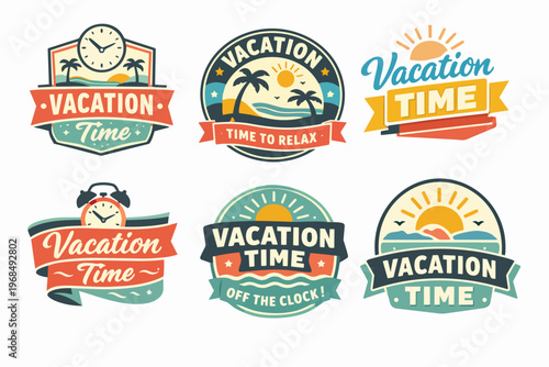 Vacation time emblems celebrating travel, summer holidays, and relaxation with tropical beaches, sun, palm trees, and clocks
