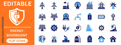 Energy management and global sustainability flat icons. Electric vehicle charging, solar power, alternative energy, power station, environmental care