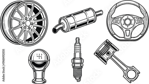 Car components: car wheel, exhaust pipe (muffler), steering wheel, gear shift knob, spark plug, and a piston with connecting rod for automotive repair service branding, garage insignias.