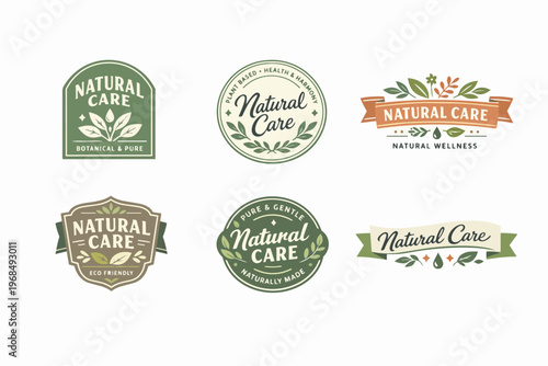 Collection of natural care labels with botanical elements and text, communicating organic, plant-based, and eco-friendly products