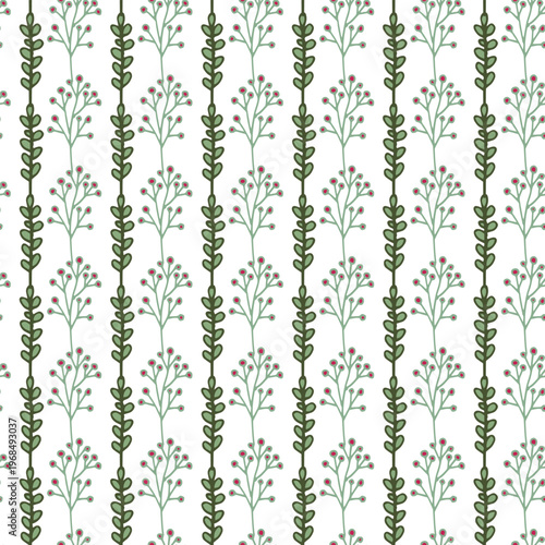 Hand-Drawn Botanical Seamless Pattern With Green Vines And Pink Berries On White Background