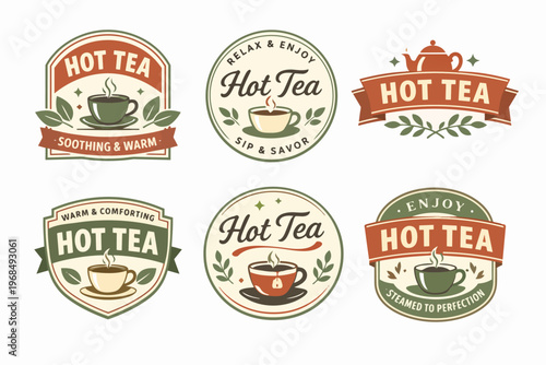 Set of beverage logos featuring hot tea cups, teapots, and natural elements for branding, menu design, and packaging