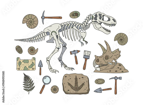 Paleontological excavation toolkit with T-Rex skeleton, Triceratops skull, ammonites, trilobite and dinosaur footprint fossils
