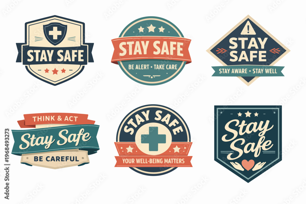 Obraz premium Collection of stay safe badges and labels providing health and safety, protection, and well-being messages