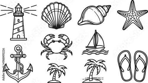 A whimsical collection of illustrated objects and creatures in black and white Vector