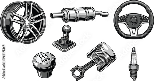 Car components: car wheel, exhaust pipe (muffler), steering wheel, gear shift knob, spark plug, and a piston with connecting rod for automotive repair service branding, garage insignias.