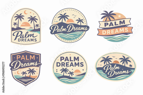 Palm dreams vintage tropical island vacation badges featuring sunsets, palm trees, and ocean waves design collection
