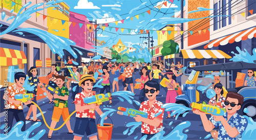 Colorful illustration of a street festival with people using water guns