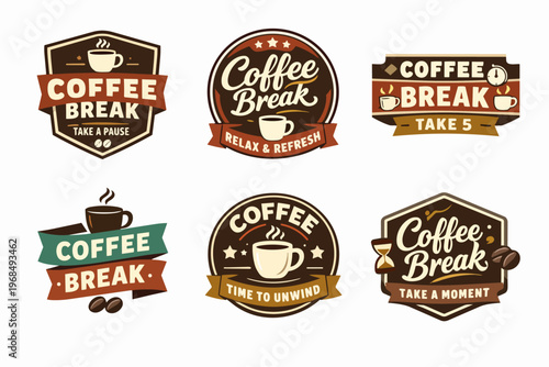 Coffee break labels in vintage style promoting moments of pause, relaxation, and refreshment with hot beverages