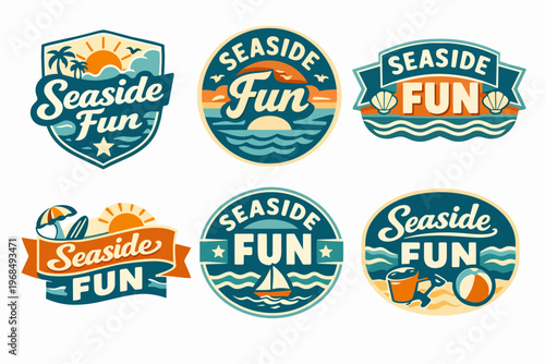 Seaside fun badges and labels collection for summer vacation, beach travel, nautical journey, and ocean holidays