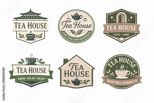 Collection of vintage tea house logos and emblems, presenting traditional and organic beverage branding concepts