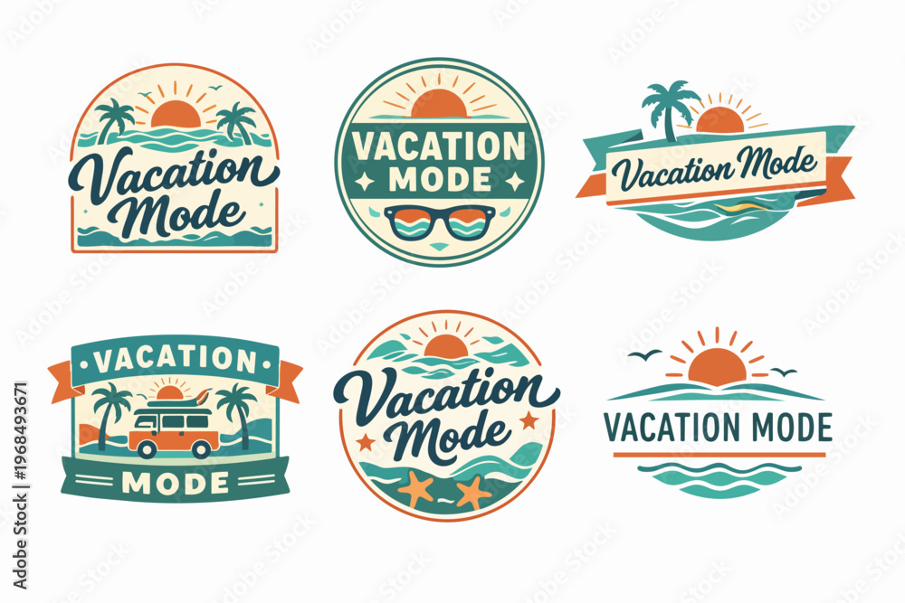 Naklejka premium Vacation mode emblems set with beach, palm trees, sun, waves, and surfing van. Summer travel concept illustrations