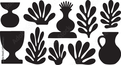 Decorative black and white motifs featuring vases and stylized plants sketch vector illustration