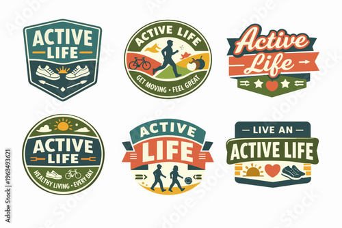 Active life healthy lifestyle badges set illustrating fitness, walking, running, cycling, and healthy eating concepts