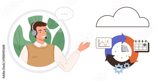 Customer service, virtual assistance, cloud solutions, task management, workflow optimization, collaborative tools. Smiling professional with headset near graphs and cloud icon. Customer service