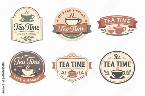Six flat vintage style tea time badges and logos for menus, cafes, or branding, depicting hot cups, steapots, and text
