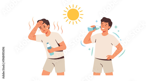 Thirsty Person Drinking Cold Water Under Hot Sun Flat Vector Illustration