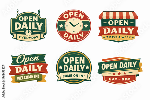 Set of vintage open daily signs and badges, inviting customers to businesses with a retro design style