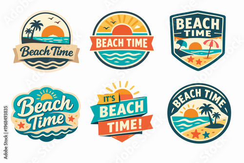 Collection of vintage-style beach time logos and emblems offering travel, summer, and holiday concepts