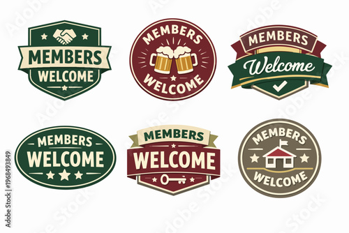 Members welcome signs collection creating a club, community, or team invitation with vintage style badges and logos